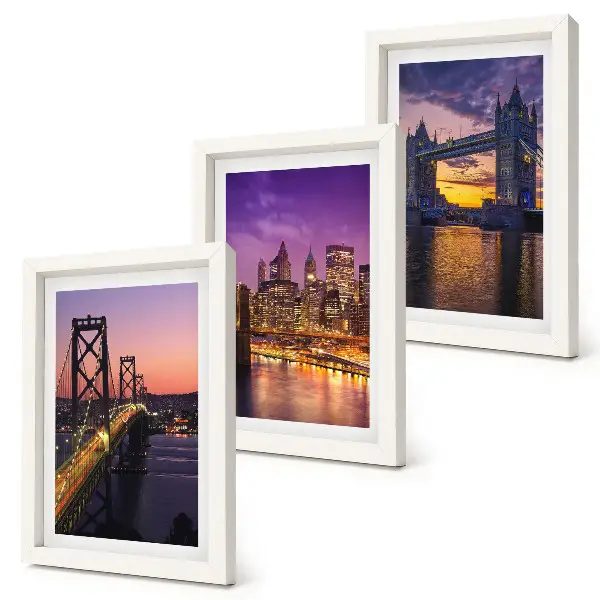 Conjunto de molduras com imagens com tema de pontes ao pôr do sol e paisagens urbanas