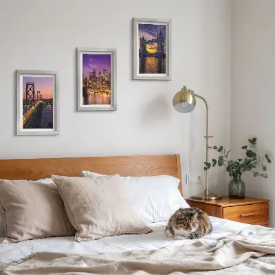 Conjunto de molduras com imagens com tema de pontes ao pôr do sol e paisagens urbanas
