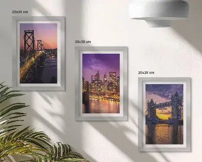 Conjunto de molduras com imagens com tema de pontes ao pôr do sol e paisagens urbanas
