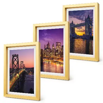 Conjunto de molduras com imagens com tema de pontes ao pôr do sol e paisagens urbanas