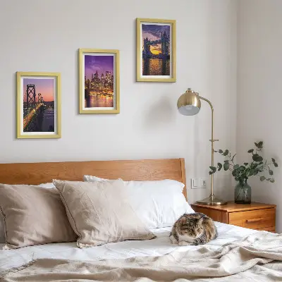 Conjunto de molduras com imagens com tema de pontes ao pôr do sol e paisagens urbanas