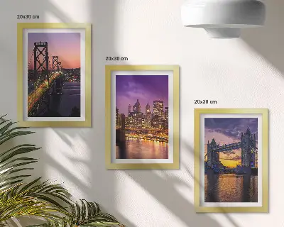 Conjunto de molduras com imagens com tema de pontes ao pôr do sol e paisagens urbanas