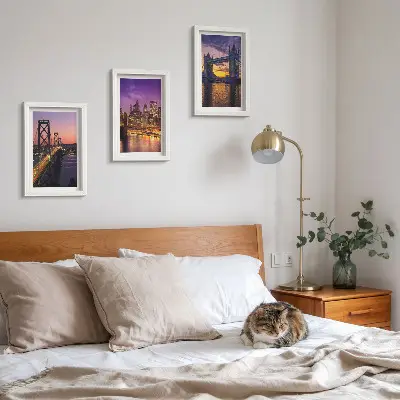 Conjunto de molduras com imagens com tema de pontes ao pôr do sol e paisagens urbanas