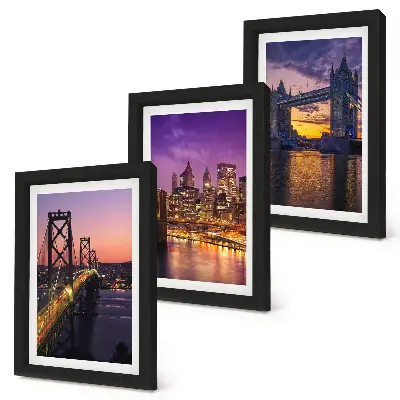 Conjunto de molduras com imagens com tema de pontes ao pôr do sol e paisagens urbanas