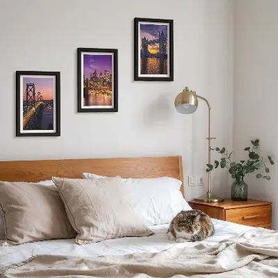 Conjunto de molduras com imagens com tema de pontes ao pôr do sol e paisagens urbanas