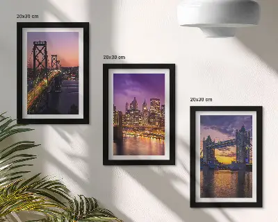 Conjunto de molduras com imagens com tema de pontes ao pôr do sol e paisagens urbanas