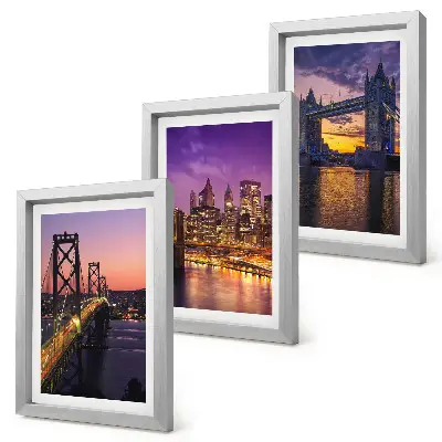 Conjunto de molduras com imagens com tema de pontes ao pôr do sol e paisagens urbanas