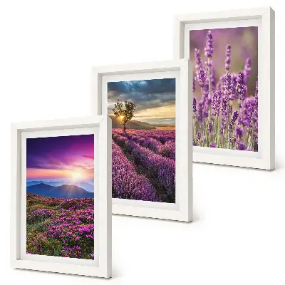 Tríptico paisagem com campos de lavanda e pôr do sol com moldura