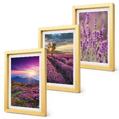 Tríptico paisagem com campos de lavanda e pôr do sol com moldura