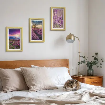 Tríptico paisagem com campos de lavanda e pôr do sol com moldura