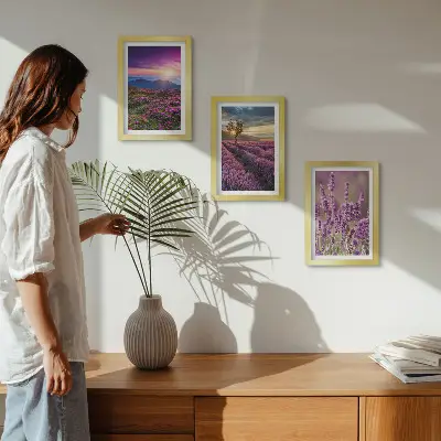 Tríptico paisagem com campos de lavanda e pôr do sol com moldura