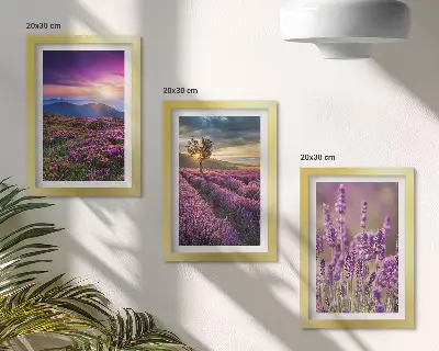Tríptico paisagem com campos de lavanda e pôr do sol com moldura