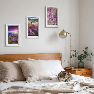 Tríptico paisagem com campos de lavanda e pôr do sol com moldura