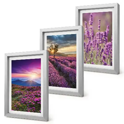 Tríptico paisagem com campos de lavanda e pôr do sol com moldura