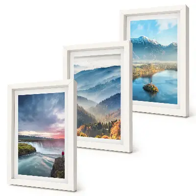 Conjunto de quadros com imagens de paisagens montanhosas pitorescas e cachoeiras na natureza