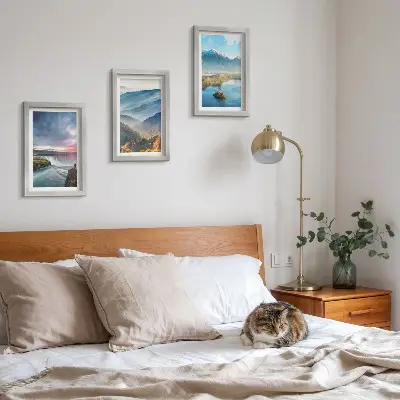 Conjunto de quadros com imagens de paisagens montanhosas pitorescas e cachoeiras na natureza