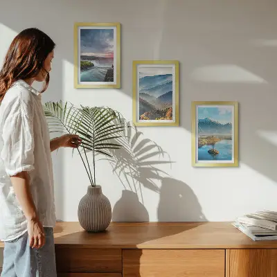 Conjunto de quadros com imagens de paisagens montanhosas pitorescas e cachoeiras na natureza
