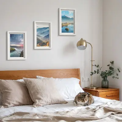 Conjunto de quadros com imagens de paisagens montanhosas pitorescas e cachoeiras na natureza