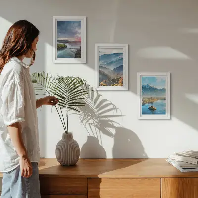 Conjunto de quadros com imagens de paisagens montanhosas pitorescas e cachoeiras na natureza