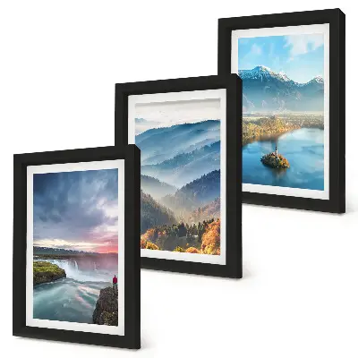 Conjunto de quadros com imagens de paisagens montanhosas pitorescas e cachoeiras na natureza