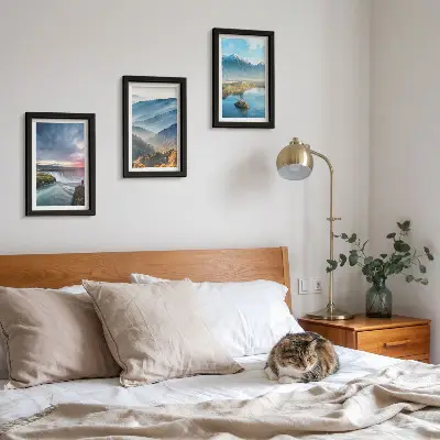 Conjunto de quadros com imagens de paisagens montanhosas pitorescas e cachoeiras na natureza