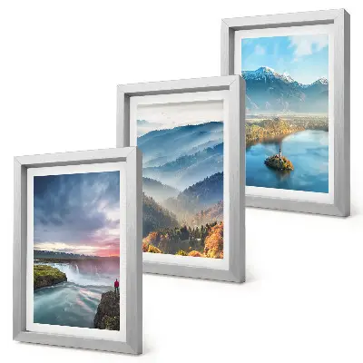 Conjunto de quadros com imagens de paisagens montanhosas pitorescas e cachoeiras na natureza
