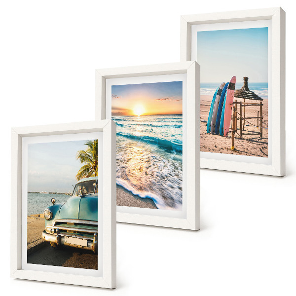 Conjunto de 3 quadros decorativos Vista do pôr do sol sobre o mar em Miami durante as férias.