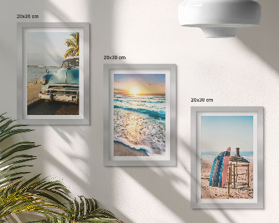Conjunto de 3 quadros decorativos Vista do pôr do sol sobre o mar em Miami durante as férias.