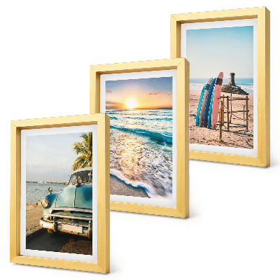 Conjunto de 3 quadros decorativos Vista do pôr do sol sobre o mar em Miami durante as férias.