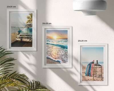Conjunto de 3 quadros decorativos Vista do pôr do sol sobre o mar em Miami durante as férias.