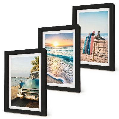 Conjunto de 3 quadros decorativos Vista do pôr do sol sobre o mar em Miami durante as férias.