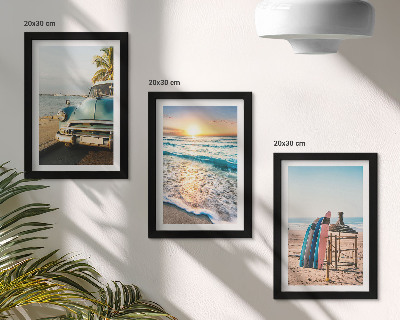 Conjunto de 3 quadros decorativos Vista do pôr do sol sobre o mar em Miami durante as férias.