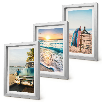 Conjunto de 3 quadros decorativos Vista do pôr do sol sobre o mar em Miami durante as férias.