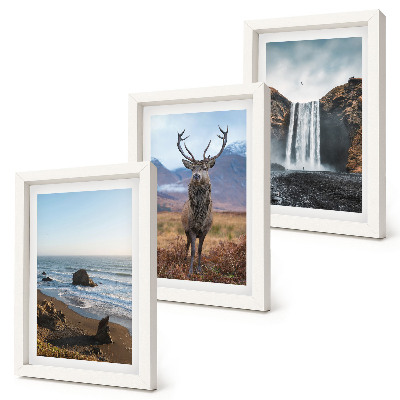 Tríptico com moldura Paisagens montanhosas com uma cachoeira, um veado e uma praia.