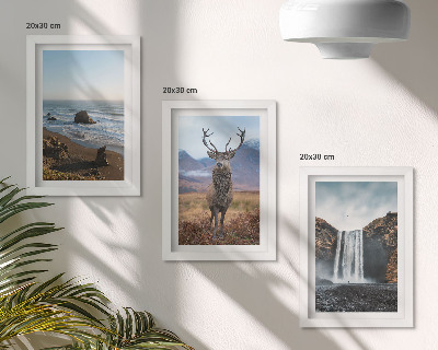 Tríptico com moldura Paisagens montanhosas com uma cachoeira, um veado e uma praia.