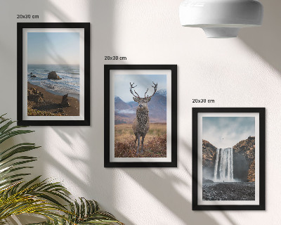 Tríptico com moldura Paisagens montanhosas com uma cachoeira, um veado e uma praia.