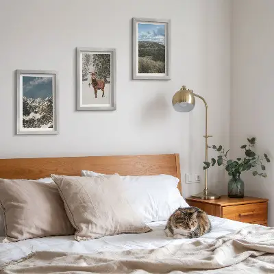 Conjunto de 3 quadros decorativos com montanhas com neve, veados na floresta e paisagens