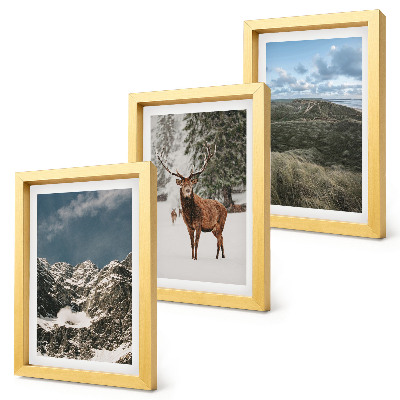 Conjunto de 3 quadros decorativos Montanhas com neve, veados na floresta, paisagens.