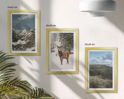 Conjunto de 3 quadros decorativos com montanhas com neve, veados na floresta e paisagens