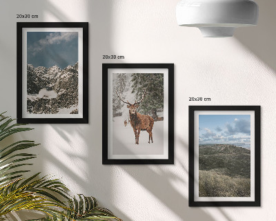 Conjunto de 3 quadros decorativos Montanhas com neve, veados na floresta, paisagens.