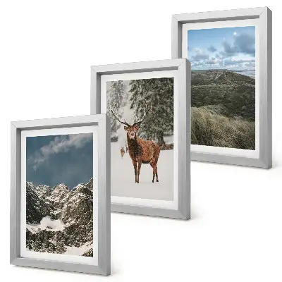Conjunto de 3 quadros decorativos com montanhas com neve, veados na floresta e paisagens