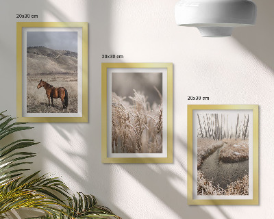 Conjunto de molduras com imagens Cavalos em uma paisagem de pastagens e um riacho de inverno.