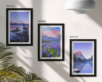 Tríptico com moldura Paisagens montanhosas com água, céu e um campo de flores.