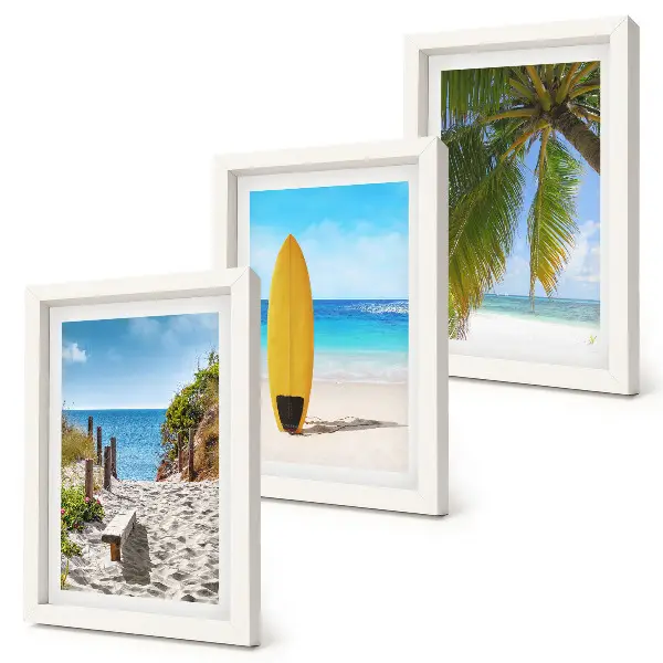 Conjunto de 3 quadros decorativos com vistas tropicais de praia, ondas e palmeiras