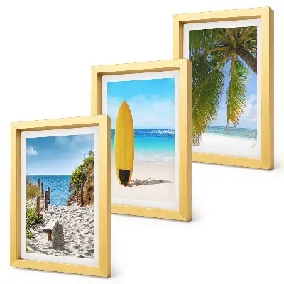 Conjunto de 3 quadros decorativos com vistas tropicais de praia, ondas e palmeiras