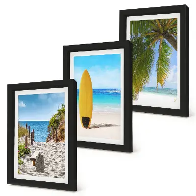 Conjunto de 3 quadros decorativos com vistas tropicais de praia, ondas e palmeiras