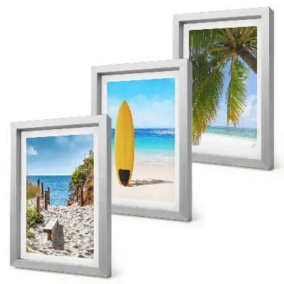 Conjunto de 3 quadros decorativos com vistas tropicais de praia, ondas e palmeiras