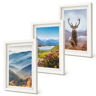 Conjunto de 3 quadros decorativos com paisagem de montanhas, lago e veados na natureza