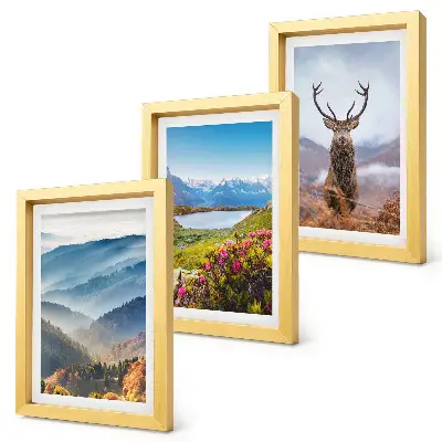 Conjunto de 3 quadros decorativos com paisagem de montanhas, lago e veados na natureza