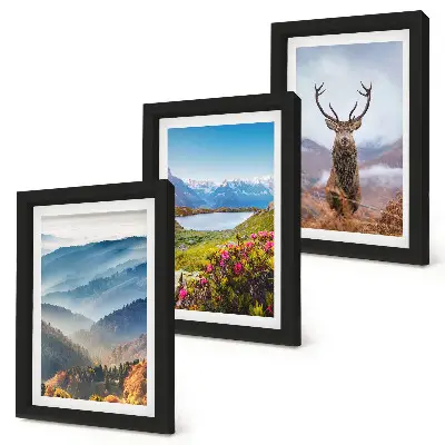Conjunto de 3 quadros decorativos com paisagem de montanhas, lago e veados na natureza